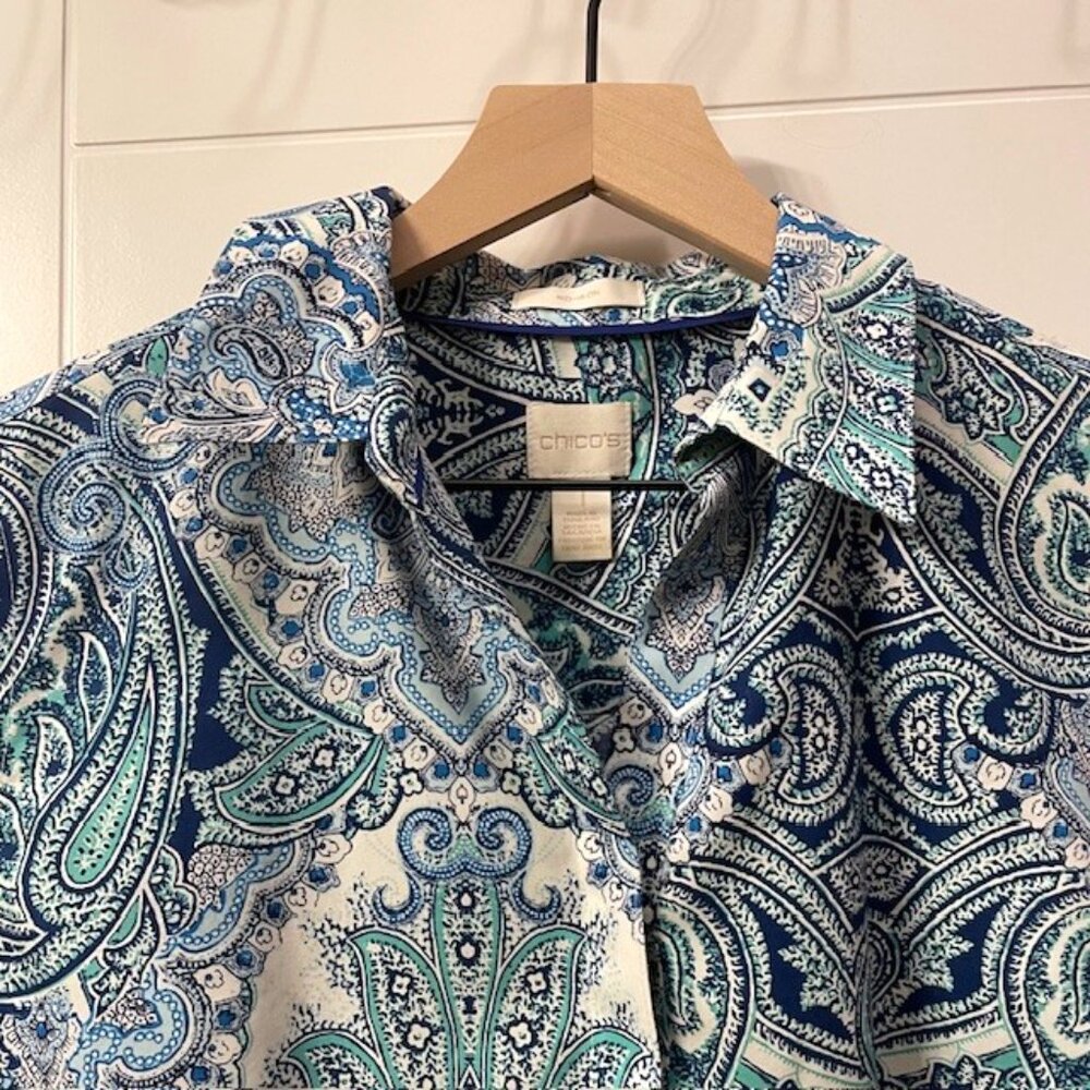 Chico's Gabrielle Paisley No-Iron Button Down Cotton Shirt Blue Green Medium - Picture 4 of 16